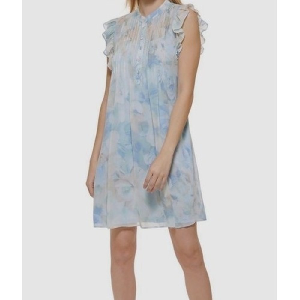 Calvin Klein Blue Floral Pintuck Ruffle Chiffon Shift Dress Womens 6